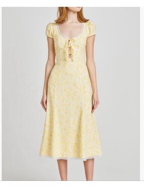 Wayf Cara Pale Yellow Floral Tie-Front Cap-Sleeve Midi Dress